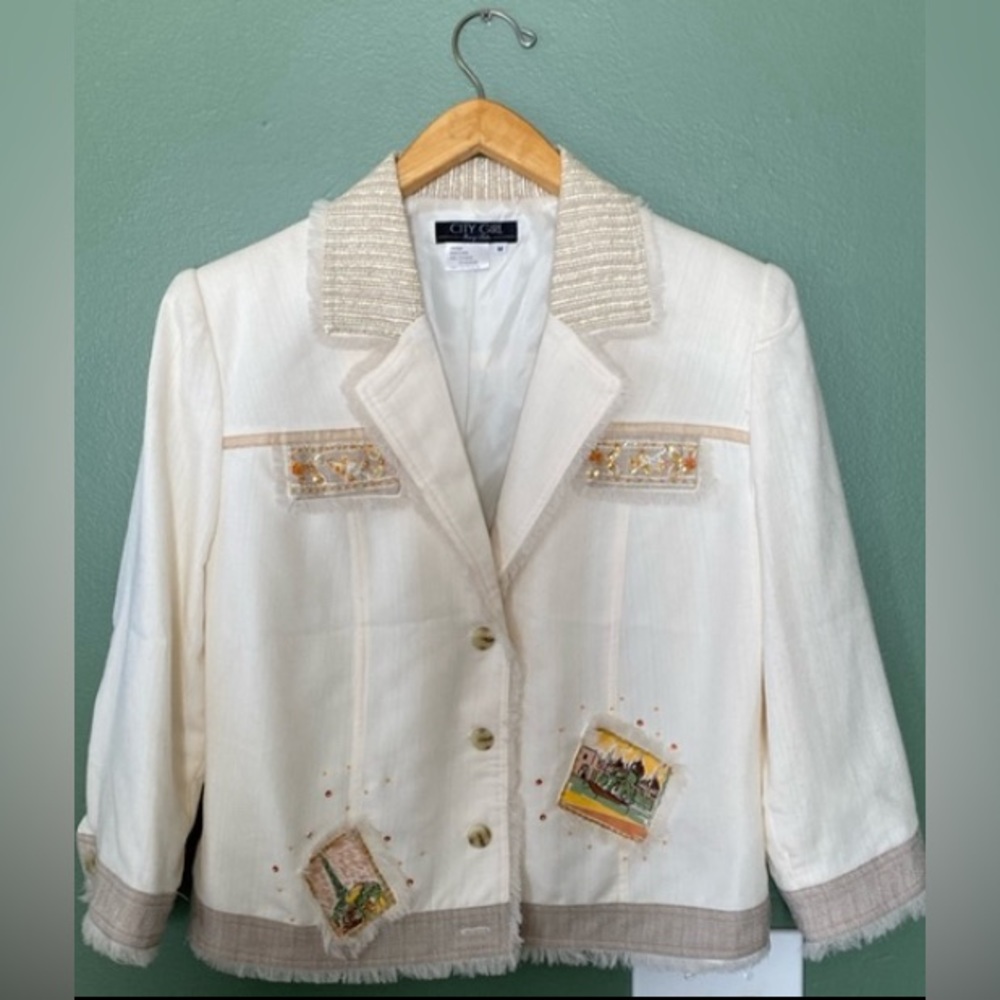Women’s City Girl vintage patchwork beige fringe shimmer blazer jacket, size M